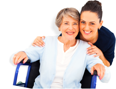 Elderly woman in wheelchair with her caregiver